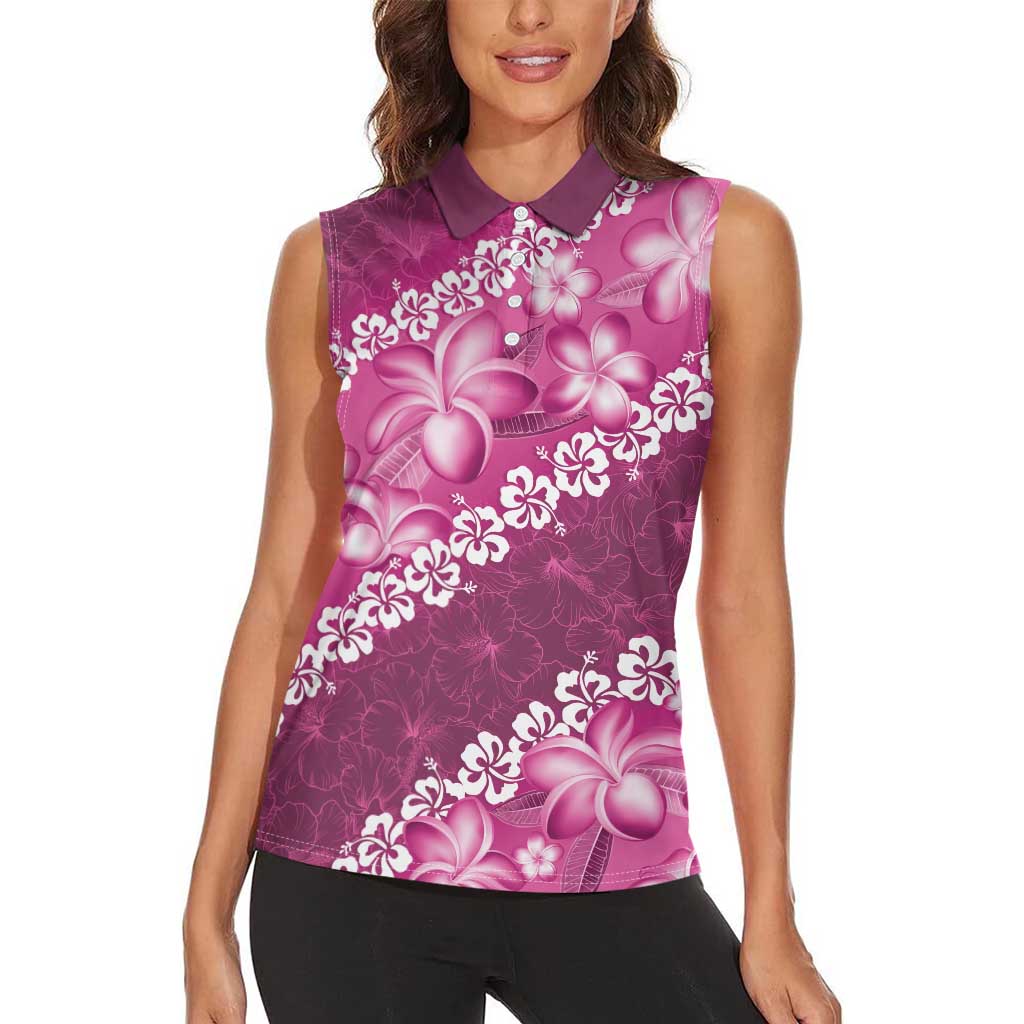 Vintage Pink Polynesia Women Sleeveless Polo Shirt Plumeria With Hibiscus Tropical Vibes LT14 - Polynesian Pride