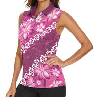 Vintage Pink Polynesia Women Sleeveless Polo Shirt Plumeria With Hibiscus Tropical Vibes LT14 - Polynesian Pride