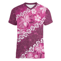 Vintage Pink Polynesia Women V-Neck T-Shirt Plumeria With Hibiscus Tropical Vibes LT14 Female Pink - Polynesian Pride