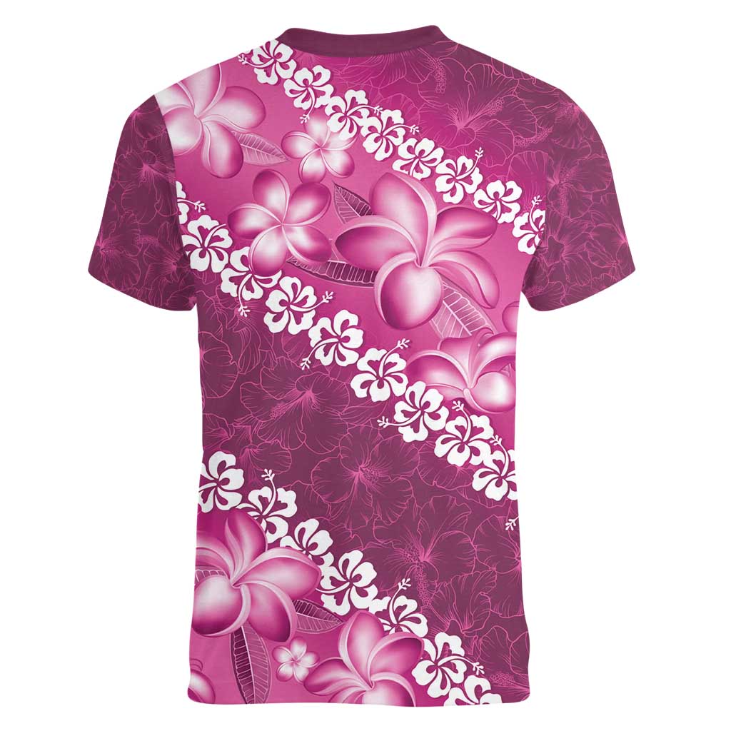 Vintage Pink Polynesia Women V-Neck T-Shirt Plumeria With Hibiscus Tropical Vibes LT14 - Polynesian Pride