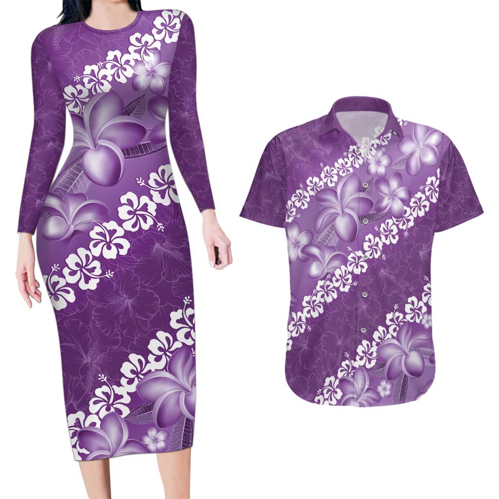 Vintage Purple Polynesia Couples Matching Long Sleeve Bodycon Dress and Hawaiian Shirt Plumeria With Hibiscus Tropical Vibes LT14 Purple - Polynesian Pride