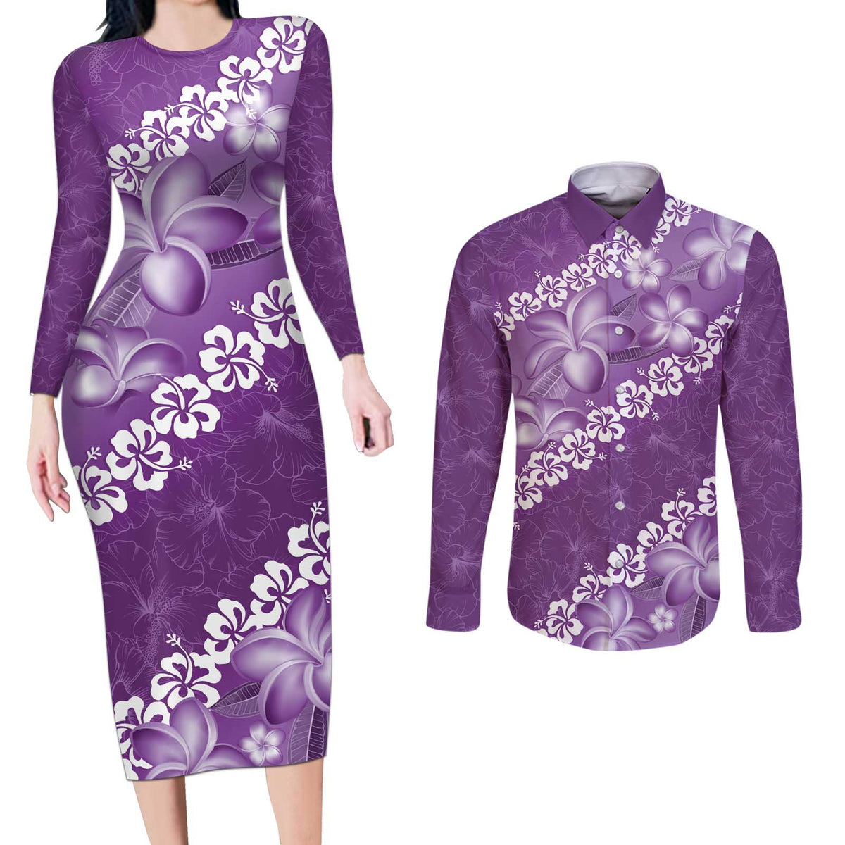 Vintage Purple Polynesia Couples Matching Long Sleeve Bodycon Dress and Long Sleeve Button Shirt Plumeria With Hibiscus Tropical Vibes LT14 Purple - Polynesian Pride