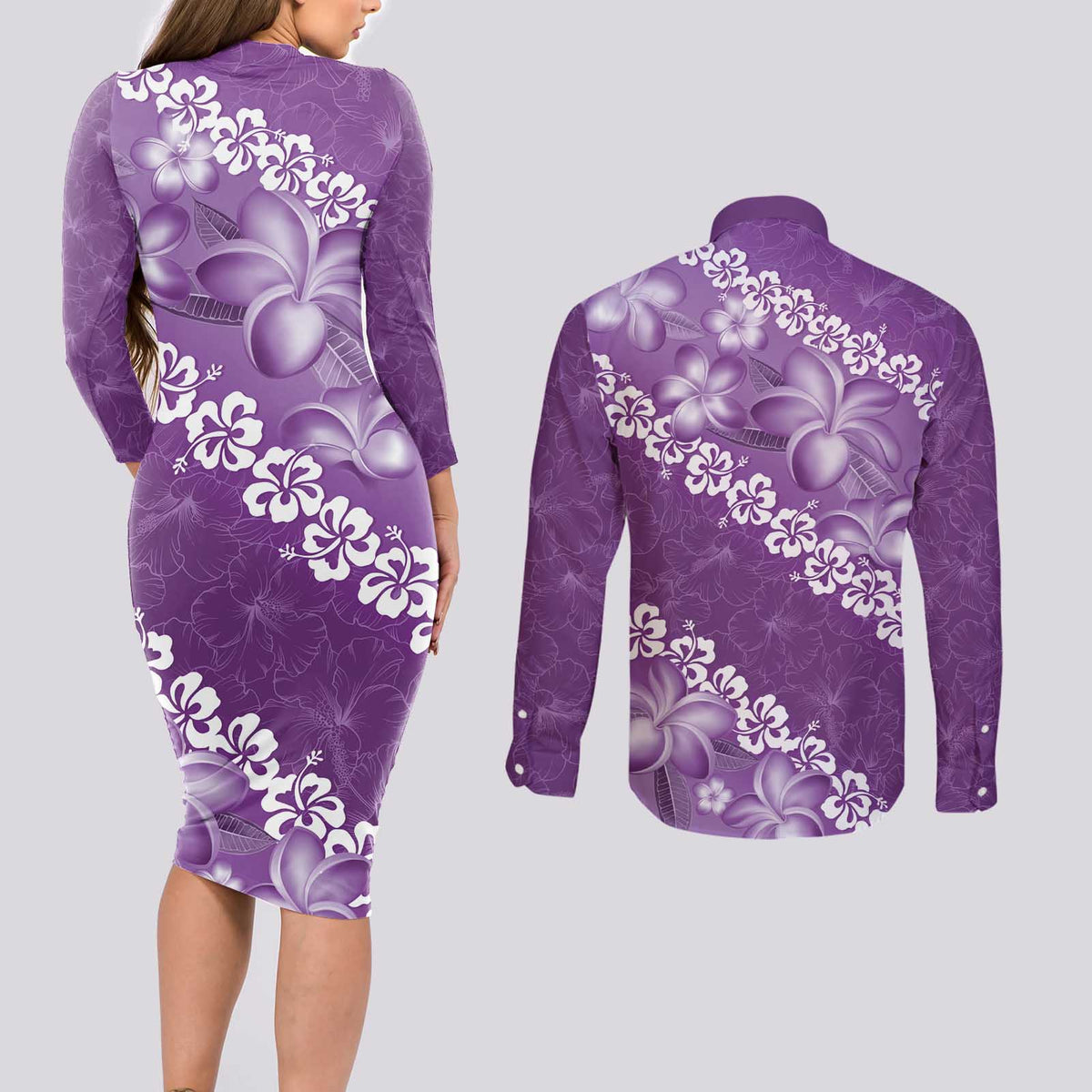 Vintage Purple Polynesia Couples Matching Long Sleeve Bodycon Dress and Long Sleeve Button Shirt Plumeria With Hibiscus Tropical Vibes LT14 - Polynesian Pride