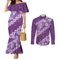Vintage Purple Polynesia Couples Matching Mermaid Dress and Long Sleeve Button Shirt Plumeria With Hibiscus Tropical Vibes LT14 Purple - Polynesian Pride