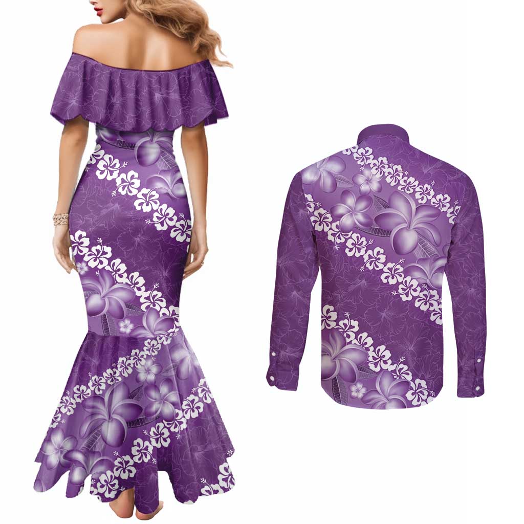 Vintage Purple Polynesia Couples Matching Mermaid Dress and Long Sleeve Button Shirt Plumeria With Hibiscus Tropical Vibes LT14 - Polynesian Pride