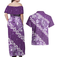 Vintage Purple Polynesia Couples Matching Off Shoulder Maxi Dress and Hawaiian Shirt Plumeria With Hibiscus Tropical Vibes LT14 - Polynesian Pride