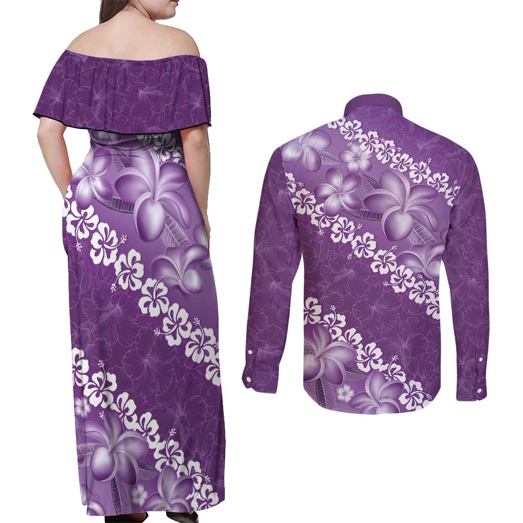 Vintage Purple Polynesia Couples Matching Off Shoulder Maxi Dress and Long Sleeve Button Shirt Plumeria With Hibiscus Tropical Vibes LT14 - Polynesian Pride