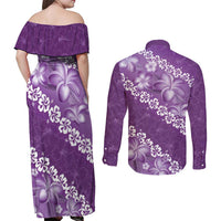 Vintage Purple Polynesia Couples Matching Off Shoulder Maxi Dress and Long Sleeve Button Shirt Plumeria With Hibiscus Tropical Vibes LT14 - Polynesian Pride