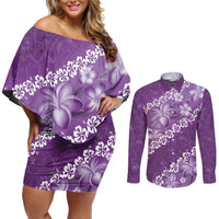 Vintage Purple Polynesia Couples Matching Off Shoulder Short Dress and Long Sleeve Button Shirt Plumeria With Hibiscus Tropical Vibes LT14 Purple - Polynesian Pride