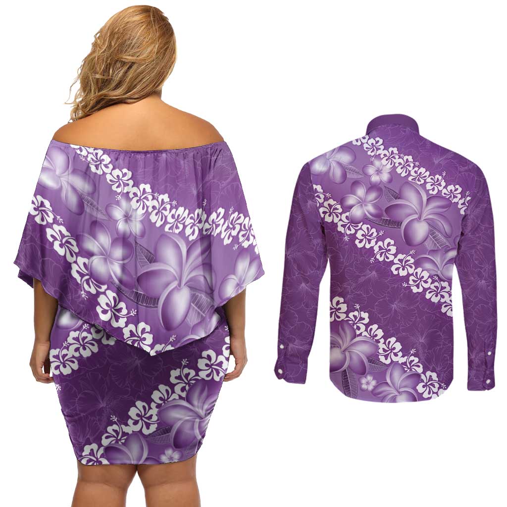 Vintage Purple Polynesia Couples Matching Off Shoulder Short Dress and Long Sleeve Button Shirt Plumeria With Hibiscus Tropical Vibes LT14 - Polynesian Pride