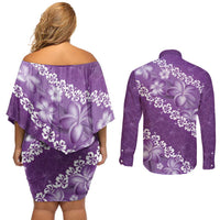 Vintage Purple Polynesia Couples Matching Off Shoulder Short Dress and Long Sleeve Button Shirt Plumeria With Hibiscus Tropical Vibes LT14 - Polynesian Pride
