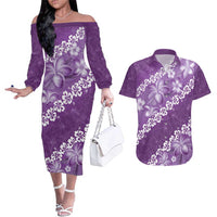 Vintage Purple Polynesia Couples Matching Off The Shoulder Long Sleeve Dress and Hawaiian Shirt Plumeria With Hibiscus Tropical Vibes LT14 Purple - Polynesian Pride