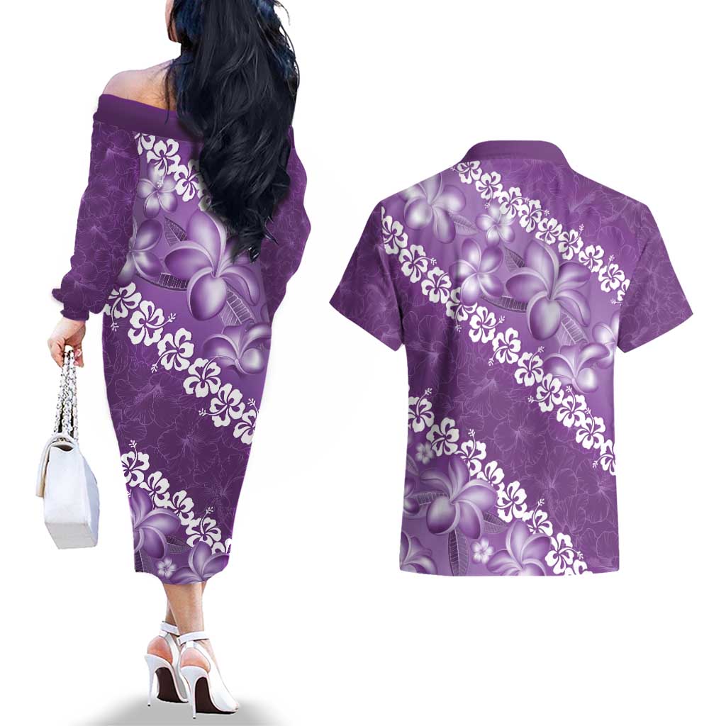 Vintage Purple Polynesia Couples Matching Off The Shoulder Long Sleeve Dress and Hawaiian Shirt Plumeria With Hibiscus Tropical Vibes LT14 - Polynesian Pride