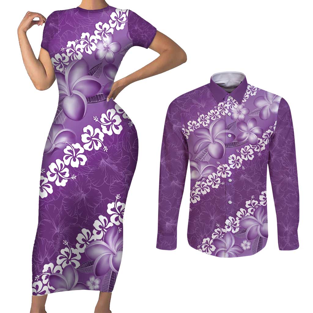 Vintage Purple Polynesia Couples Matching Short Sleeve Bodycon Dress and Long Sleeve Button Shirt Plumeria With Hibiscus Tropical Vibes