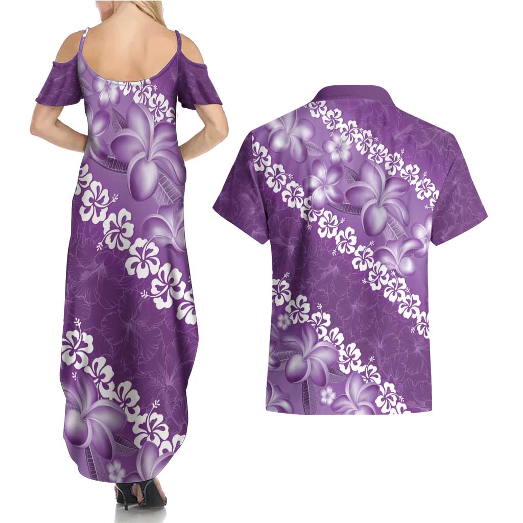 Vintage Purple Polynesia Couples Matching Summer Maxi Dress and Hawaiian Shirt Plumeria With Hibiscus Tropical Vibes LT14 - Polynesian Pride
