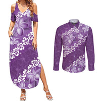 Vintage Purple Polynesia Couples Matching Summer Maxi Dress and Long Sleeve Button Shirt Plumeria With Hibiscus Tropical Vibes LT14 Purple - Polynesian Pride