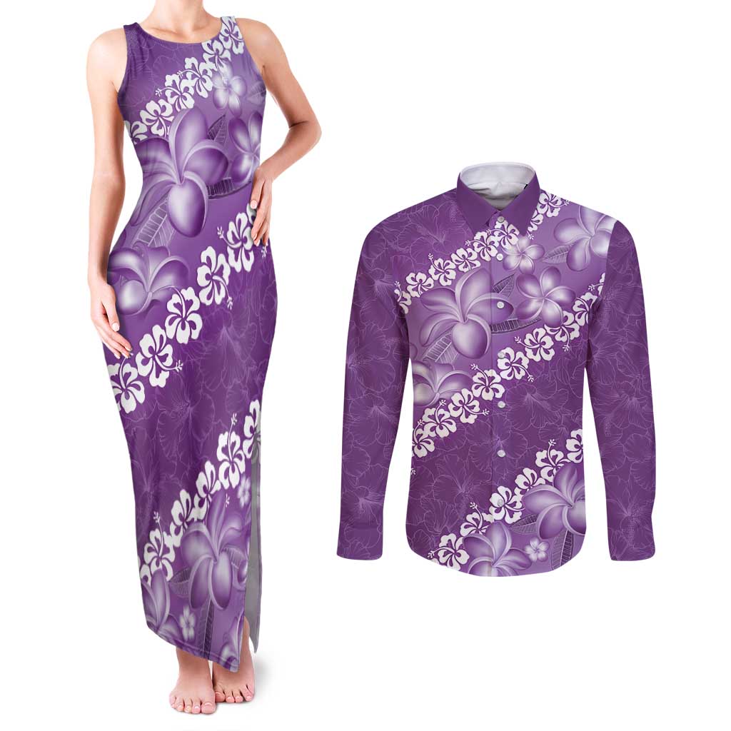 Vintage Purple Polynesia Couples Matching Tank Maxi Dress and Long Sleeve Button Shirt Plumeria With Hibiscus Tropical Vibes