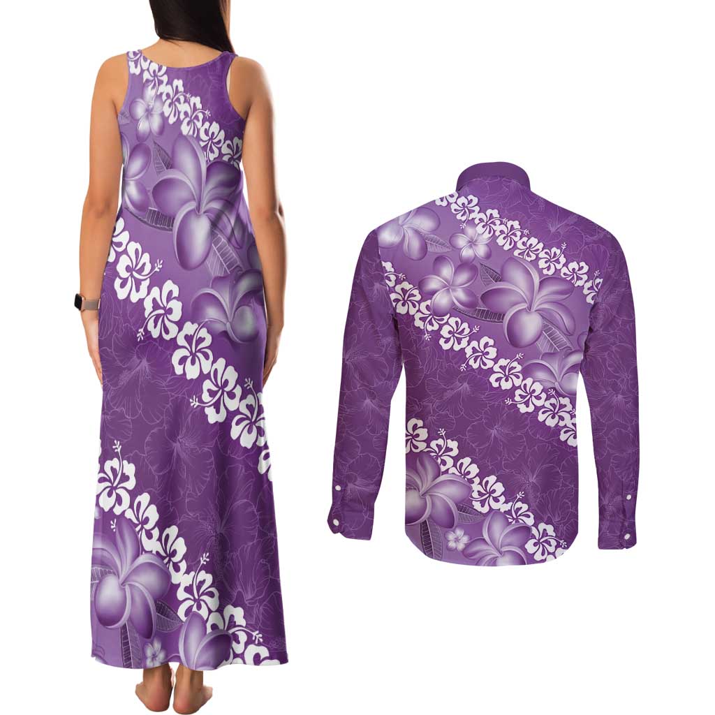 Vintage Purple Polynesia Couples Matching Tank Maxi Dress and Long Sleeve Button Shirt Plumeria With Hibiscus Tropical Vibes LT14 - Polynesian Pride