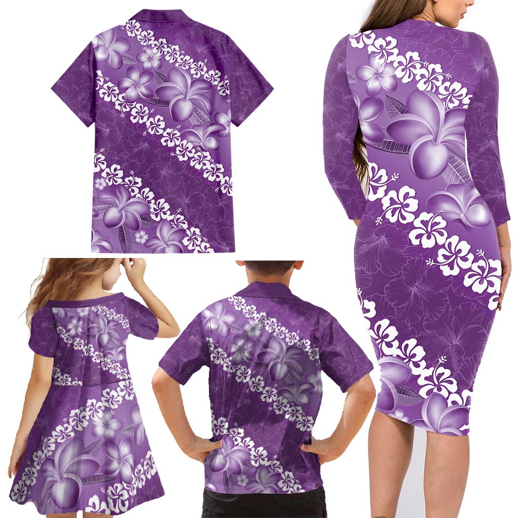 Vintage Purple Polynesia Family Matching Long Sleeve Bodycon Dress and Hawaiian Shirt Plumeria With Hibiscus Tropical Vibes LT14 - Polynesian Pride