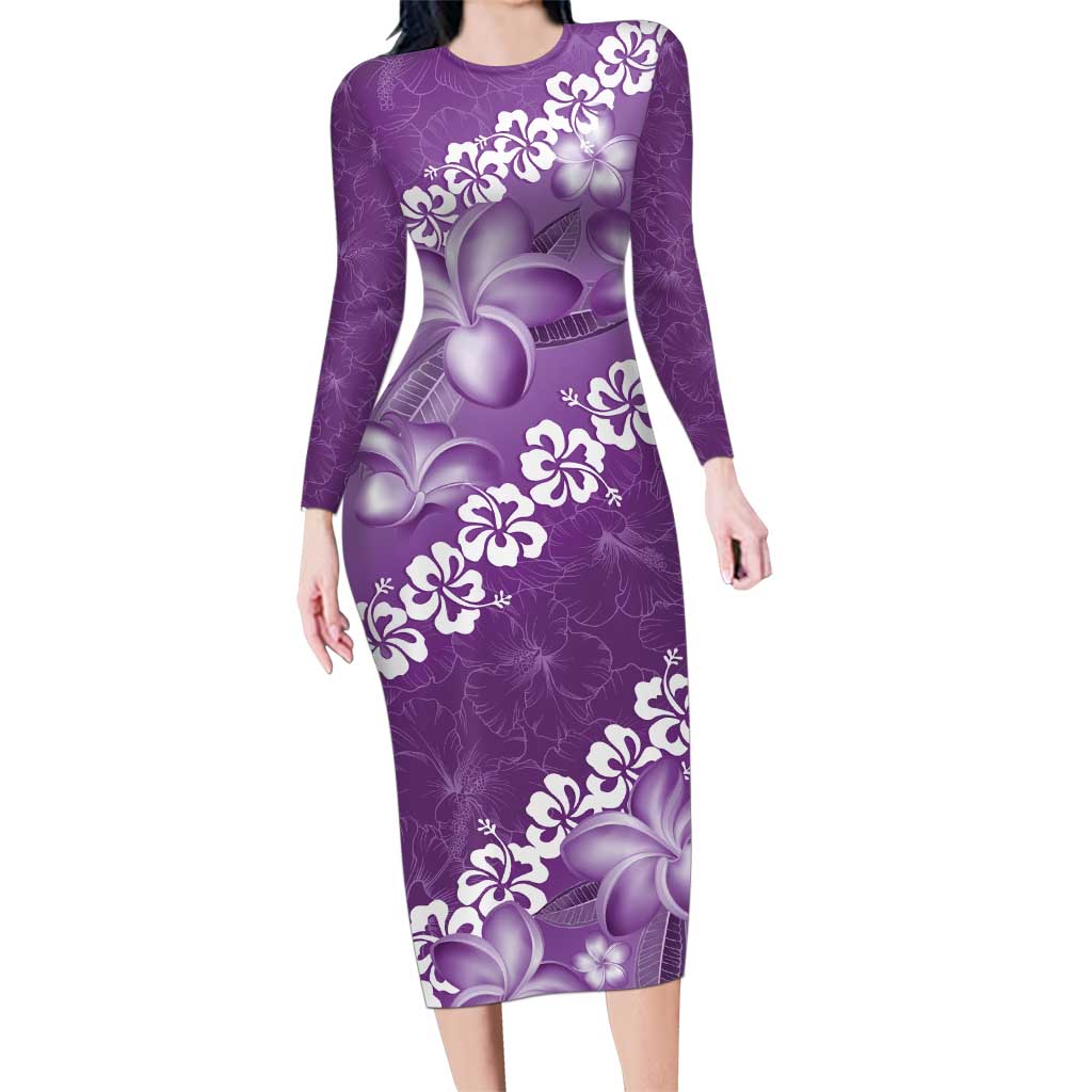 Vintage Purple Polynesia Family Matching Long Sleeve Bodycon Dress and Hawaiian Shirt Plumeria With Hibiscus Tropical Vibes LT14 Mom's Dress Purple - Polynesian Pride