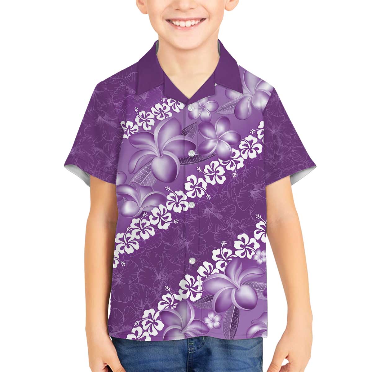Vintage Purple Polynesia Family Matching Off The Shoulder Long Sleeve Dress and Hawaiian Shirt Plumeria With Hibiscus Tropical Vibes LT14 Son's Shirt Purple - Polynesian Pride