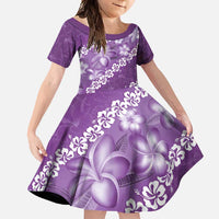 Vintage Purple Polynesia Family Matching Off Shoulder Maxi Dress and Hawaiian Shirt Plumeria With Hibiscus Tropical Vibes LT14 Daughter's Dress Purple - Polynesian Pride