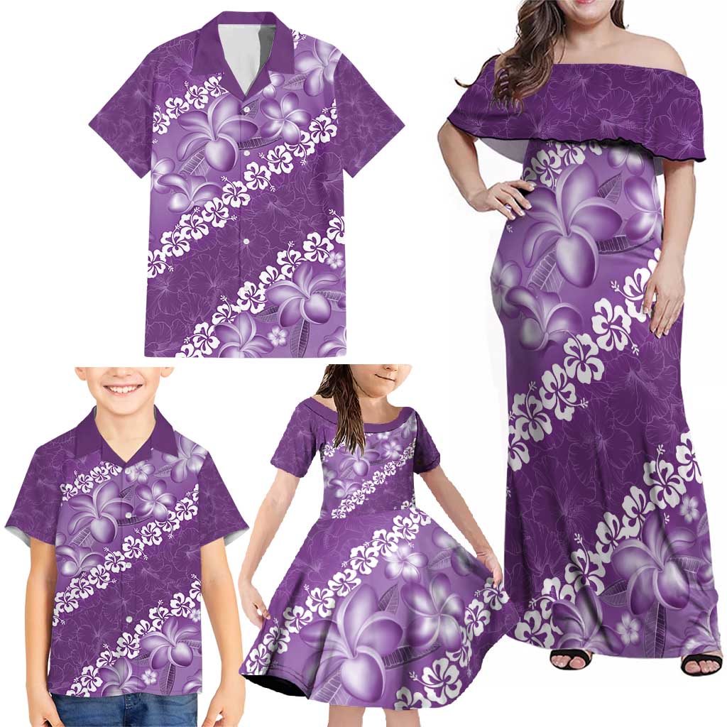 Vintage Purple Polynesia Family Matching Off Shoulder Maxi Dress and Hawaiian Shirt Plumeria With Hibiscus Tropical Vibes LT14 - Polynesian Pride