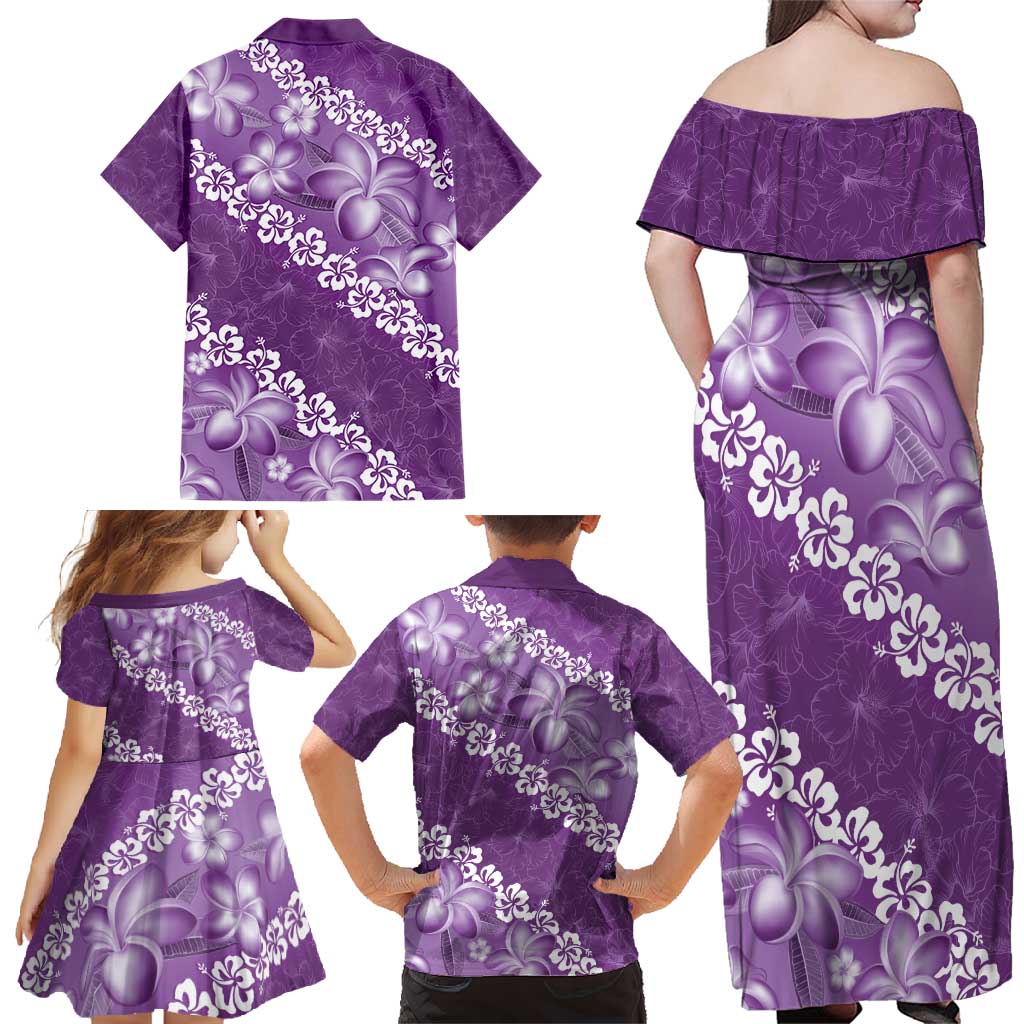 Vintage Purple Polynesia Family Matching Off Shoulder Maxi Dress and Hawaiian Shirt Plumeria With Hibiscus Tropical Vibes LT14 - Polynesian Pride