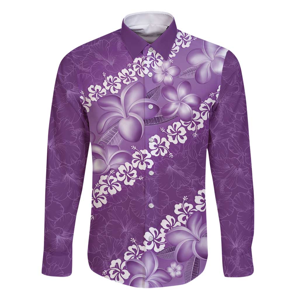 Vintage Purple Polynesia Family Matching Off Shoulder Maxi Dress and Hawaiian Shirt Plumeria With Hibiscus Tropical Vibes LT14 Dad's Shirt - Long Sleeve Purple - Polynesian Pride