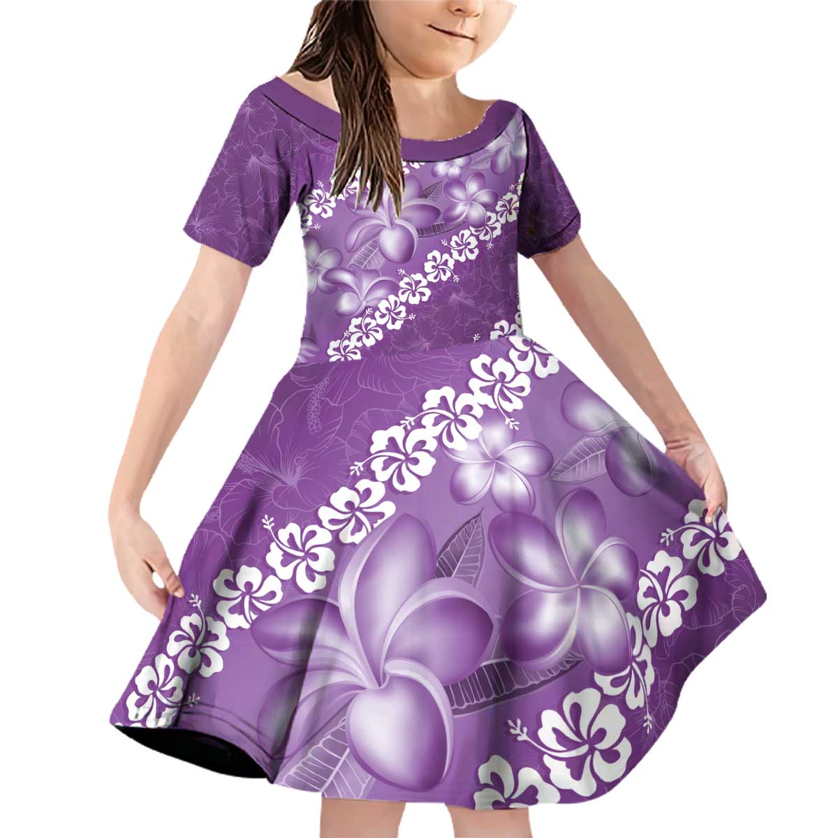 Vintage Purple Polynesia Family Matching Off Shoulder Short Dress and Hawaiian Shirt Plumeria With Hibiscus Tropical Vibes LT14 Daughter's Dress Purple - Polynesian Pride