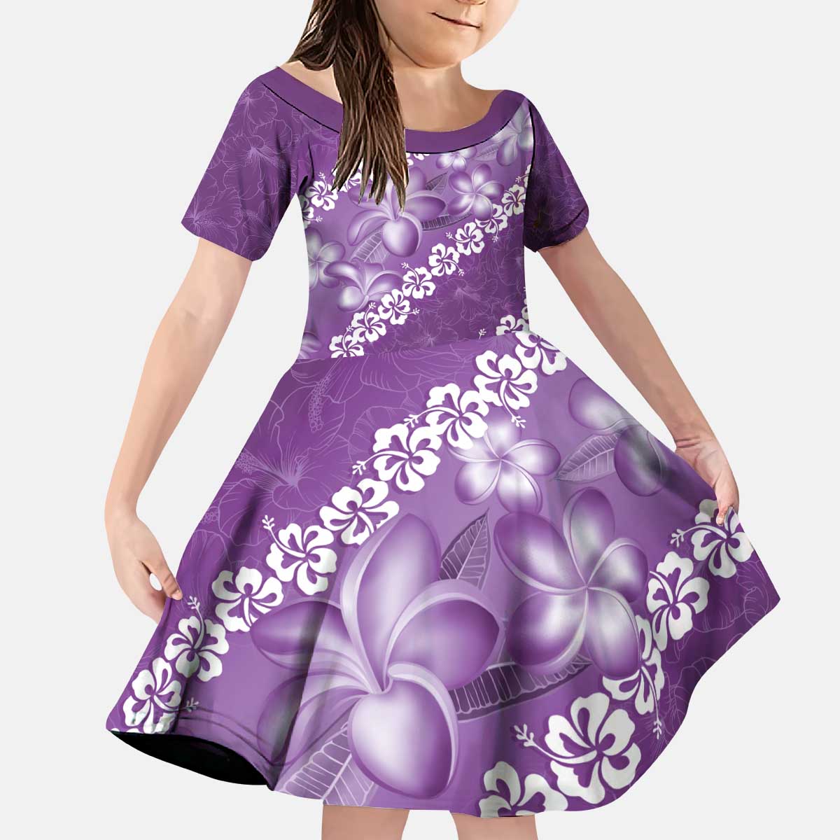 Vintage Purple Polynesia Kid Short Sleeve Dress Plumeria With Hibiscus Tropical Vibes