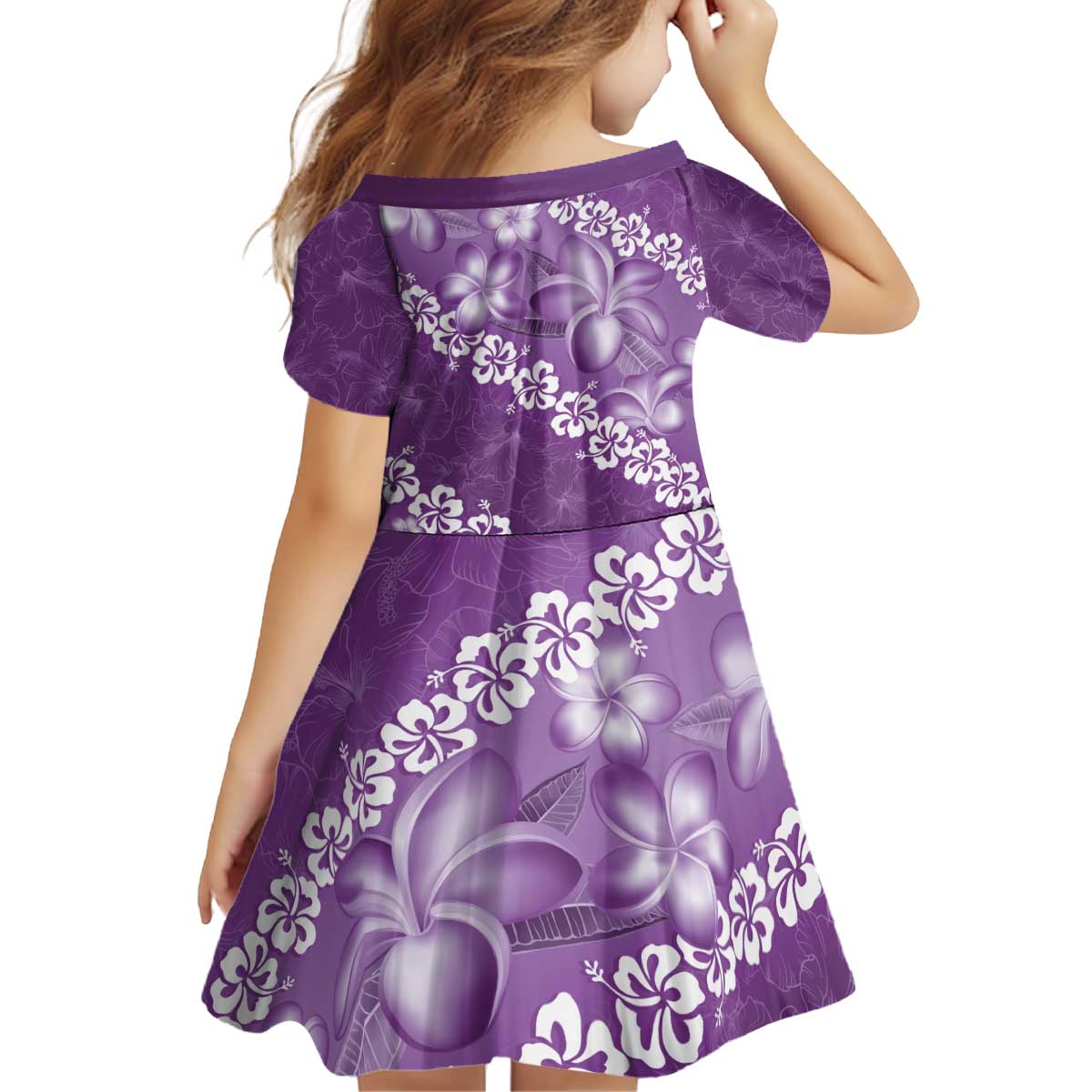 Vintage Purple Polynesia Kid Short Sleeve Dress Plumeria With Hibiscus Tropical Vibes
