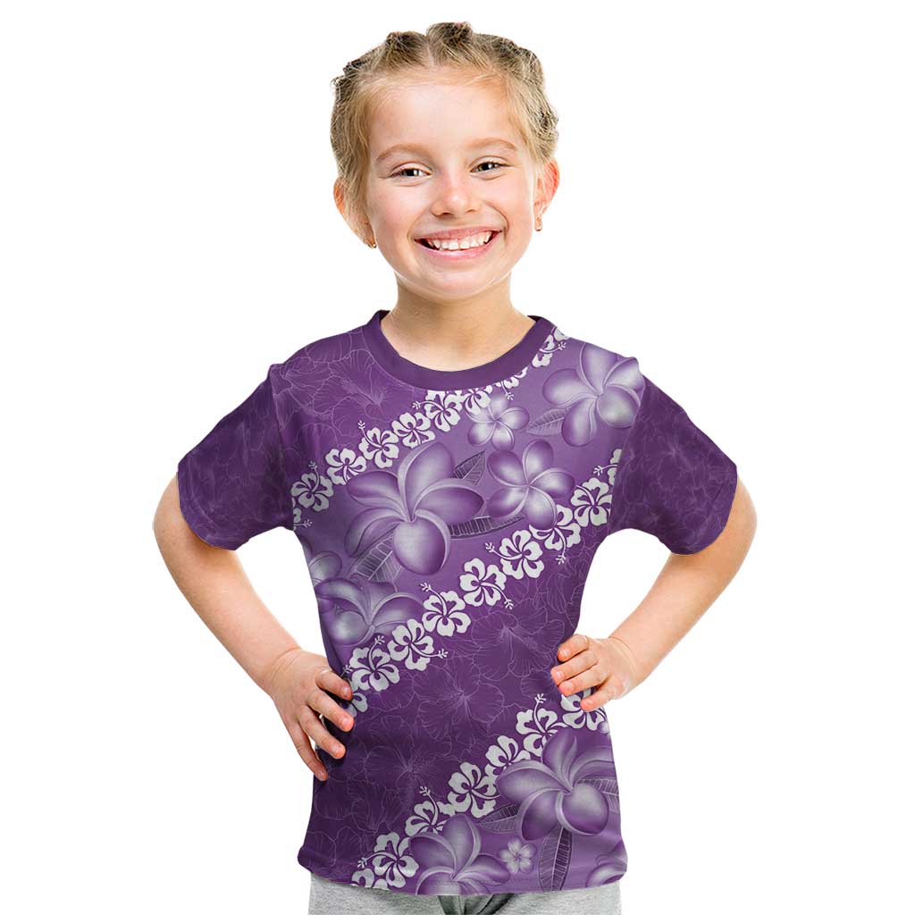 Vintage Purple Polynesia Kid T Shirt Plumeria With Hibiscus Tropical Vibes LT14 Purple - Polynesian Pride