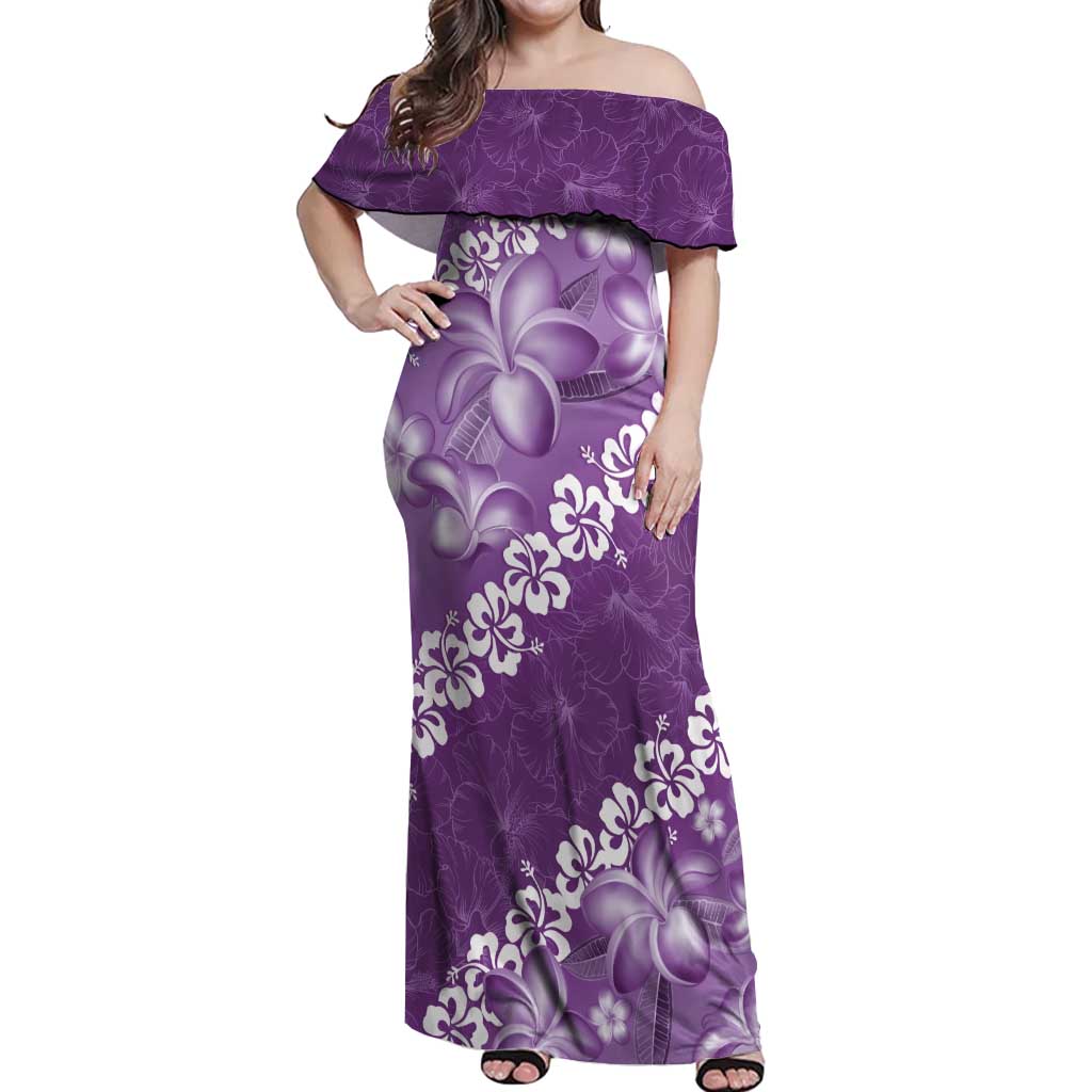 Vintage Purple Polynesia Off Shoulder Maxi Dress Plumeria With Hibiscus Tropical Vibes