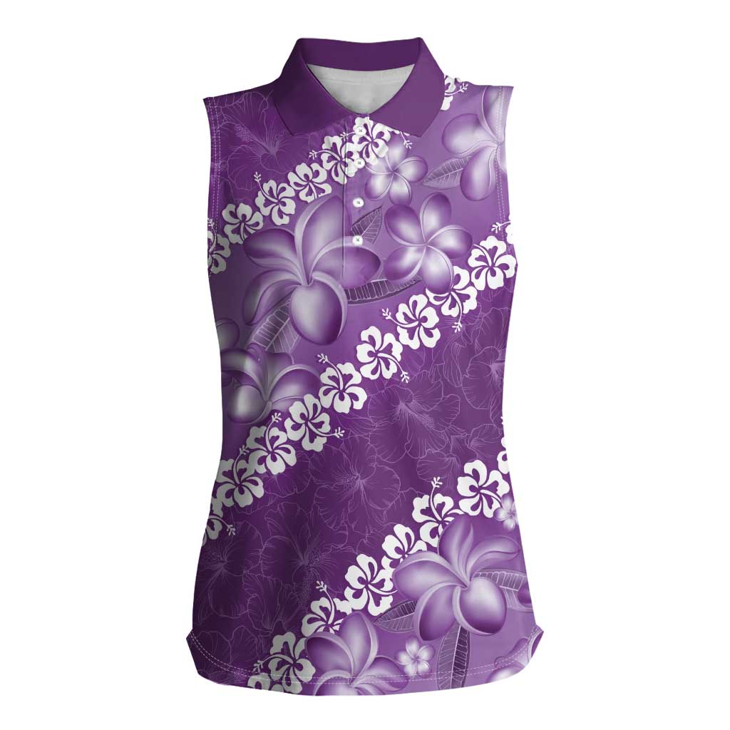 Vintage Purple Polynesia Women Sleeveless Polo Shirt Plumeria With Hibiscus Tropical Vibes LT14 Female Purple - Polynesian Pride
