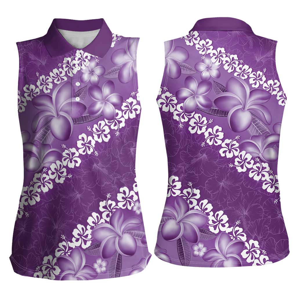 Vintage Purple Polynesia Women Sleeveless Polo Shirt Plumeria With Hibiscus Tropical Vibes LT14 - Polynesian Pride