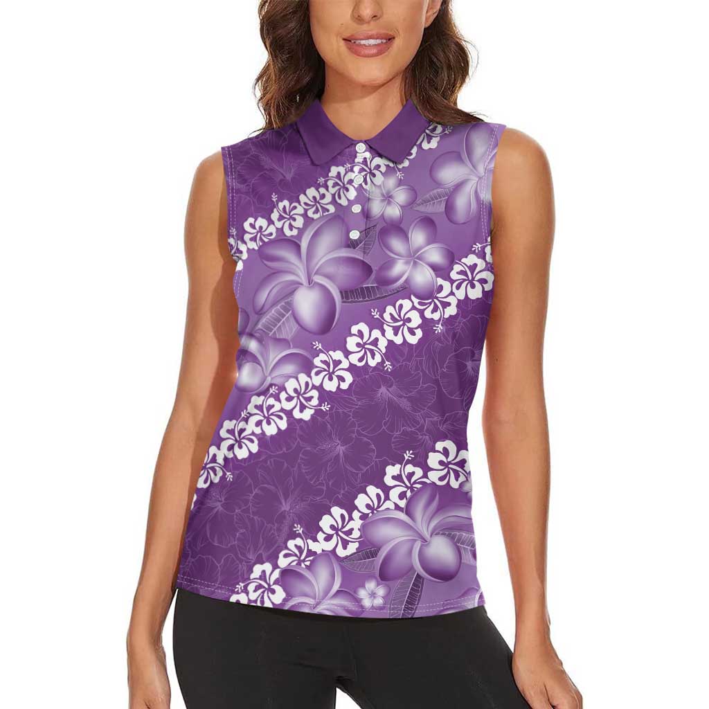 Vintage Purple Polynesia Women Sleeveless Polo Shirt Plumeria With Hibiscus Tropical Vibes LT14 - Polynesian Pride