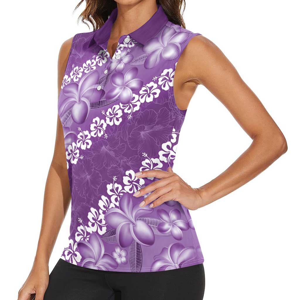 Vintage Purple Polynesia Women Sleeveless Polo Shirt Plumeria With Hibiscus Tropical Vibes LT14 - Polynesian Pride