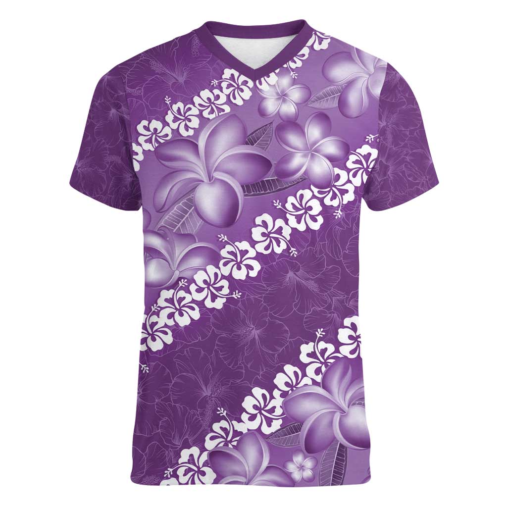 Vintage Purple Polynesia Women V-Neck T-Shirt Plumeria With Hibiscus Tropical Vibes LT14 Female Purple - Polynesian Pride