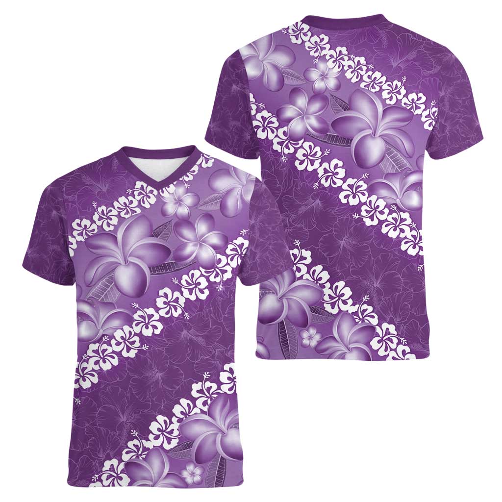Vintage Purple Polynesia Women V-Neck T-Shirt Plumeria With Hibiscus Tropical Vibes LT14 - Polynesian Pride