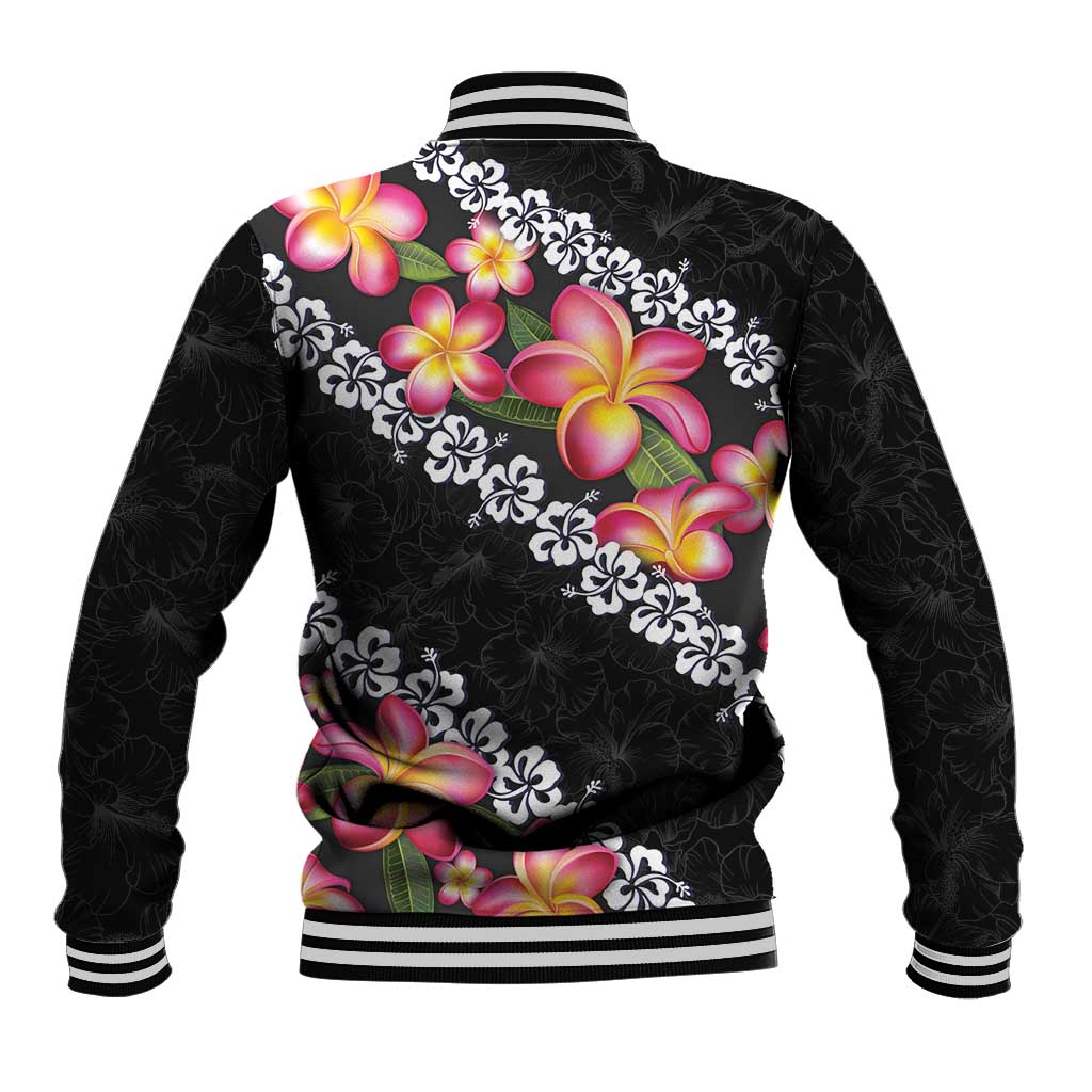 Black Polynesia Baseball Jacket Plumeria With Hibiscus Pattern Tropical Vibes