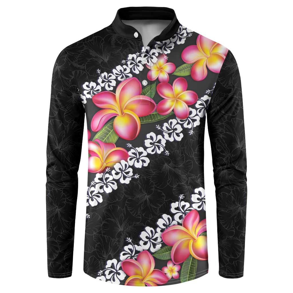Black Polynesia Button Sweatshirt Plumeria With Hibiscus Pattern Tropical Vibes
