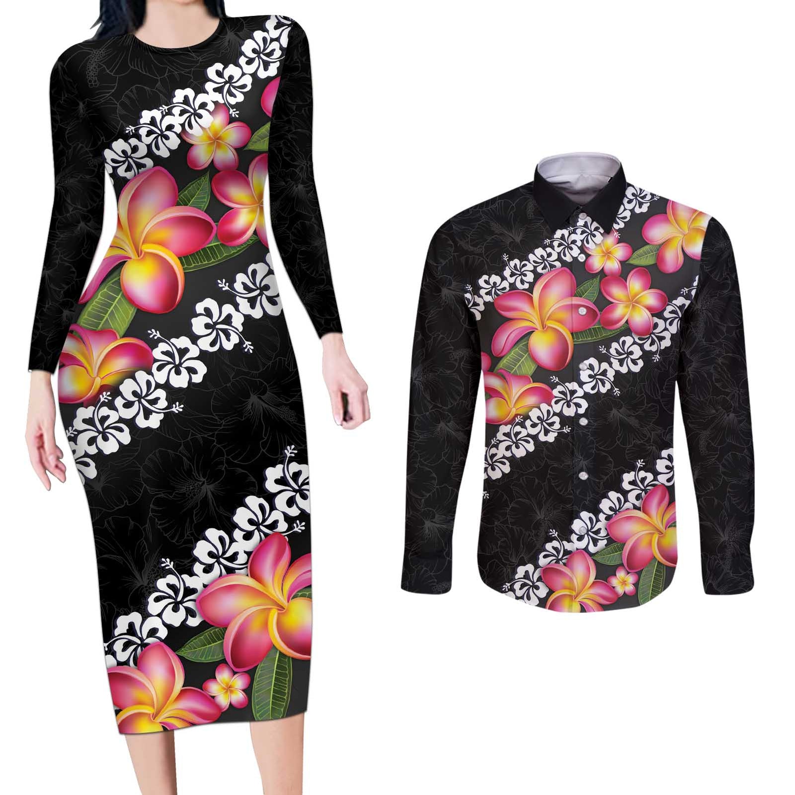 Black Polynesia Couples Matching Long Sleeve Bodycon Dress and Long Sleeve Button Shirt Plumeria With Hibiscus Pattern Tropical Vibes