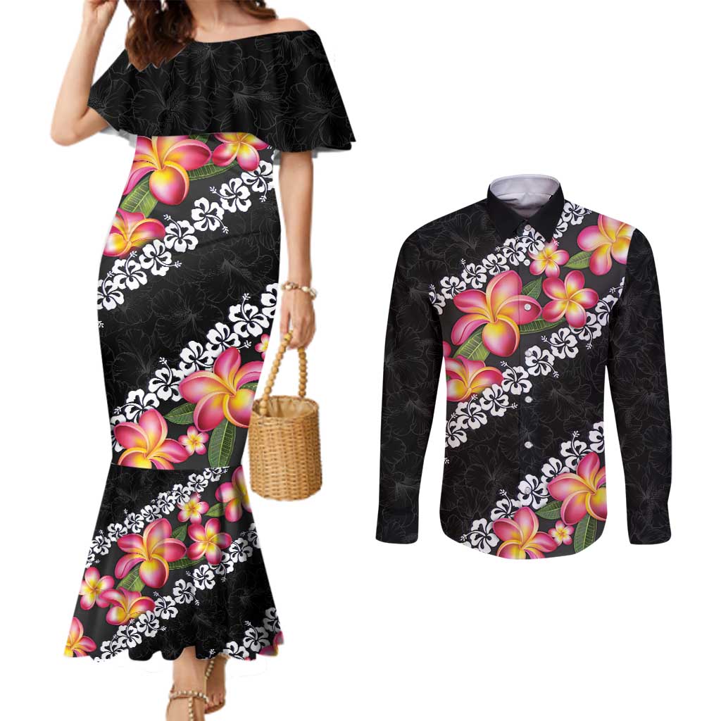 Black Polynesia Couples Matching Mermaid Dress and Long Sleeve Button Shirt Plumeria With Hibiscus Pattern Tropical Vibes