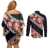 Black Polynesia Couples Matching Off Shoulder Short Dress and Long Sleeve Button Shirt Plumeria With Hibiscus Pattern Tropical Vibes