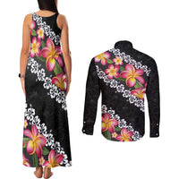 Black Polynesia Couples Matching Tank Maxi Dress and Long Sleeve Button Shirt Plumeria With Hibiscus Pattern Tropical Vibes