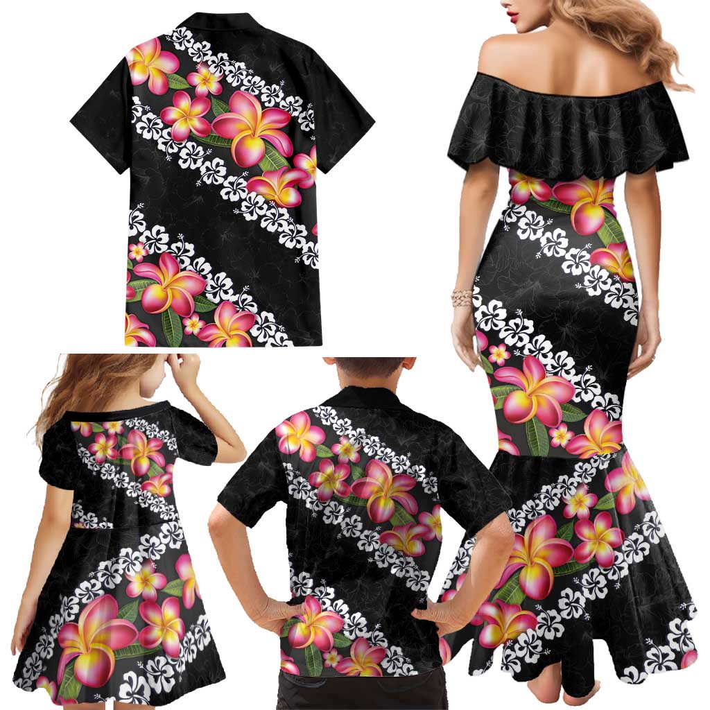 Black Polynesia Family Matching Mermaid Dress and Hawaiian Shirt Plumeria With Hibiscus Pattern Tropical Vibes LT14 - Polynesian Pride