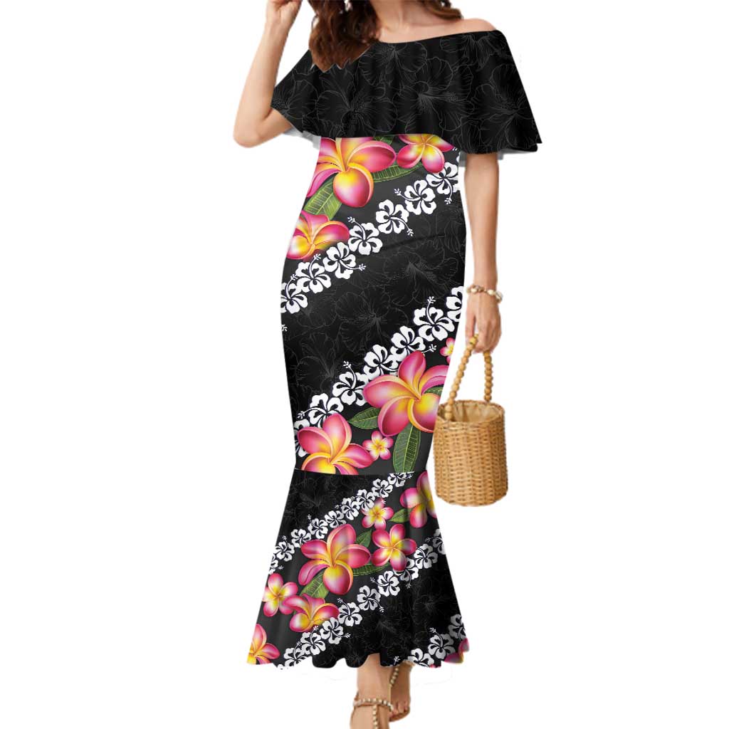 Black Polynesia Family Matching Mermaid Dress and Hawaiian Shirt Plumeria With Hibiscus Pattern Tropical Vibes LT14 Mom's Dress Black - Polynesian Pride