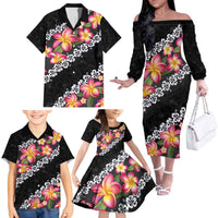 Black Polynesia Family Matching Off The Shoulder Long Sleeve Dress and Hawaiian Shirt Plumeria With Hibiscus Pattern Tropical Vibes LT14 - Polynesian Pride