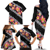 Black Polynesia Family Matching Off The Shoulder Long Sleeve Dress and Hawaiian Shirt Plumeria With Hibiscus Pattern Tropical Vibes LT14 - Polynesian Pride